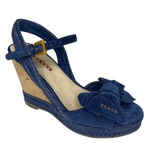 Prada Logo Blue Suede Bow Platform Espadrilles EU 37 Slingback Buckle Wedges
